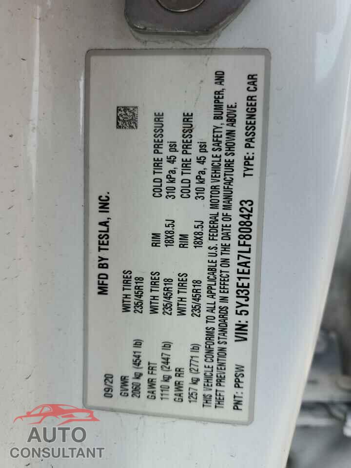 TESLA MODEL 3 2020 - 5YJ3E1EA7LF808423