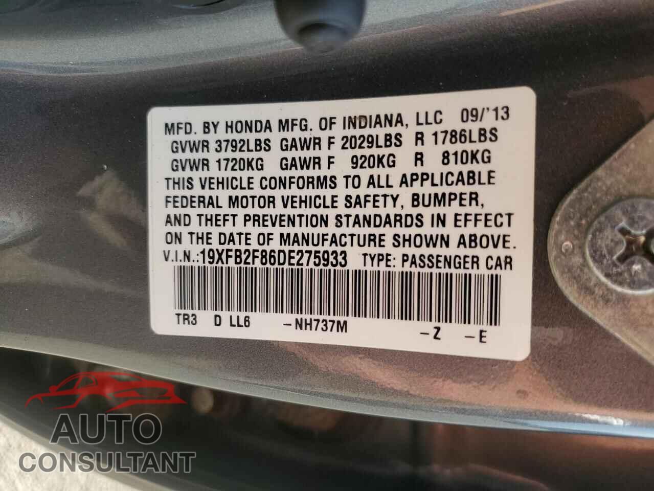 HONDA CIVIC 2013 - 19XFB2F86DE275933