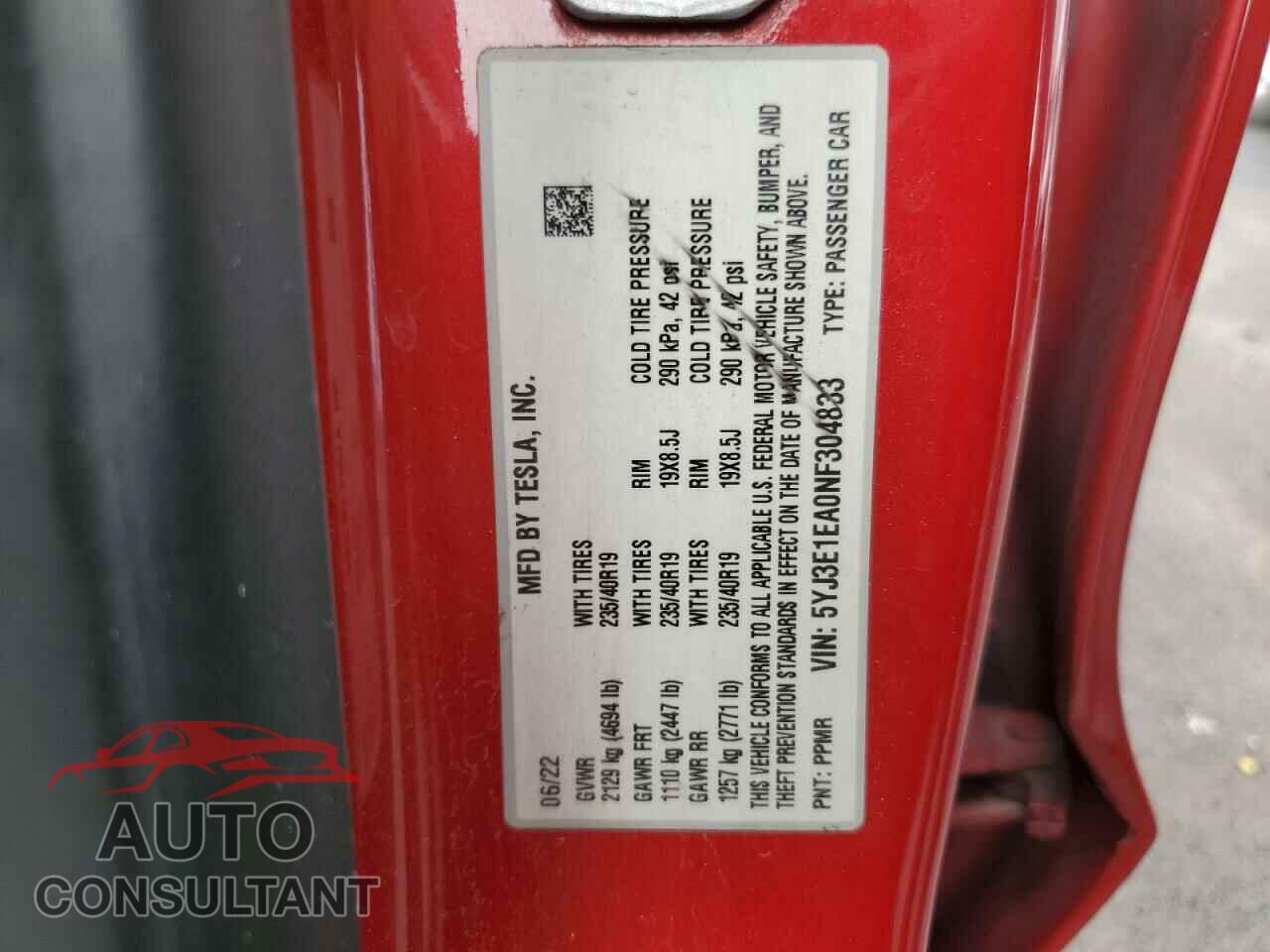 TESLA MODEL 3 2022 - 5YJ3E1EA0NF304833