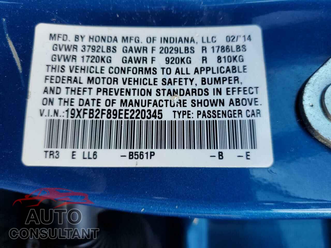 HONDA CIVIC 2014 - 19XFB2F89EE220345