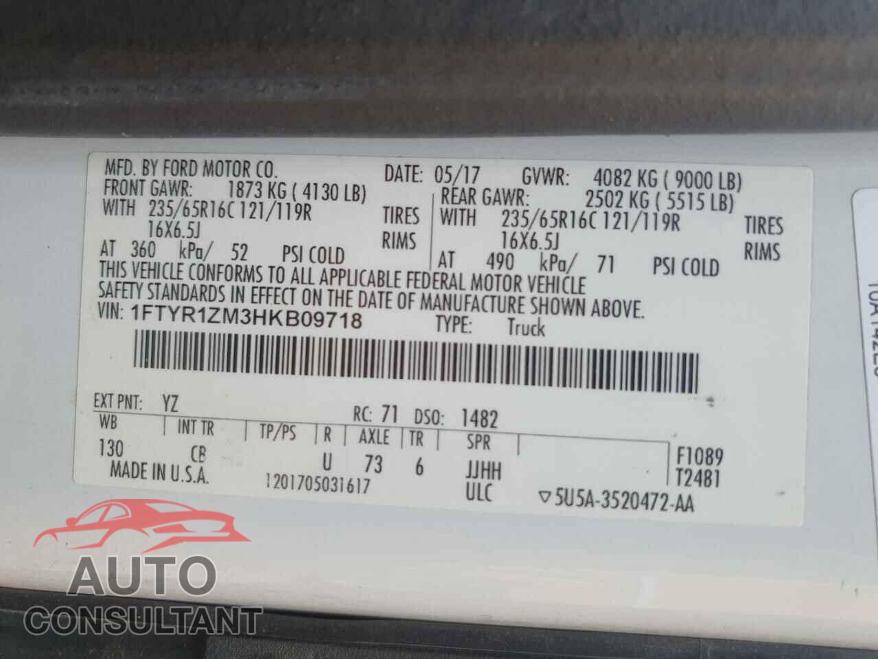 FORD TRANSIT 2017 - 1FTYR1ZM3HKB09718