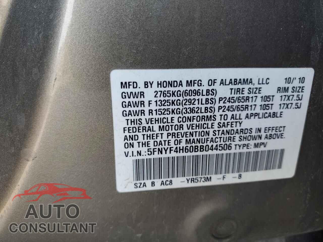 HONDA PILOT 2011 - 5FNYF4H60BB044506