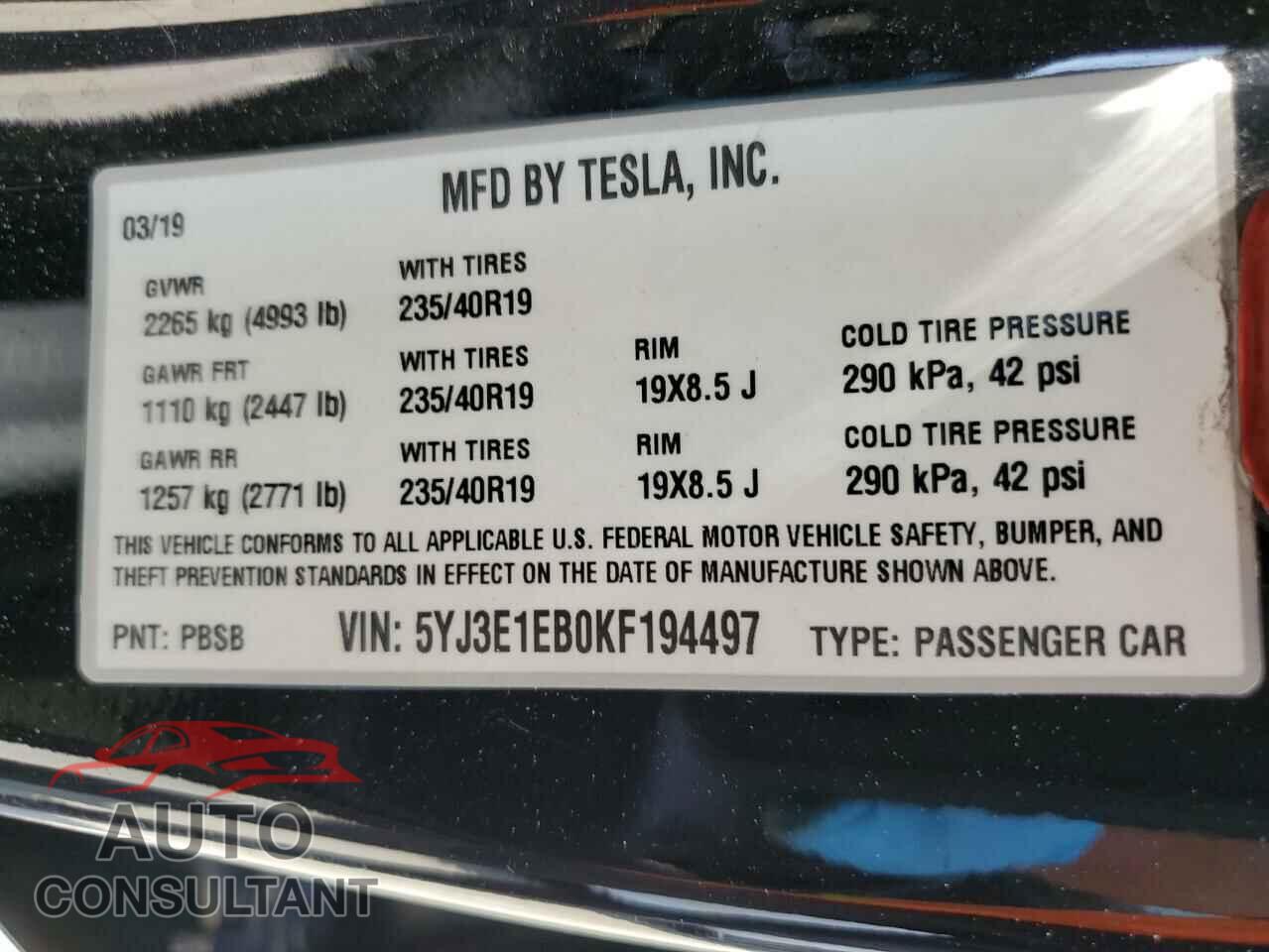 TESLA MODEL 3 2019 - 5YJ3E1EB0KF194497