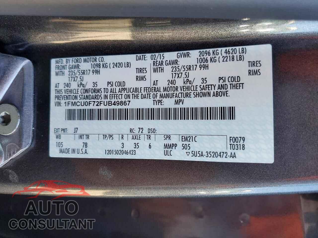 FORD ESCAPE 2015 - 1FMCU0F72FUB49867
