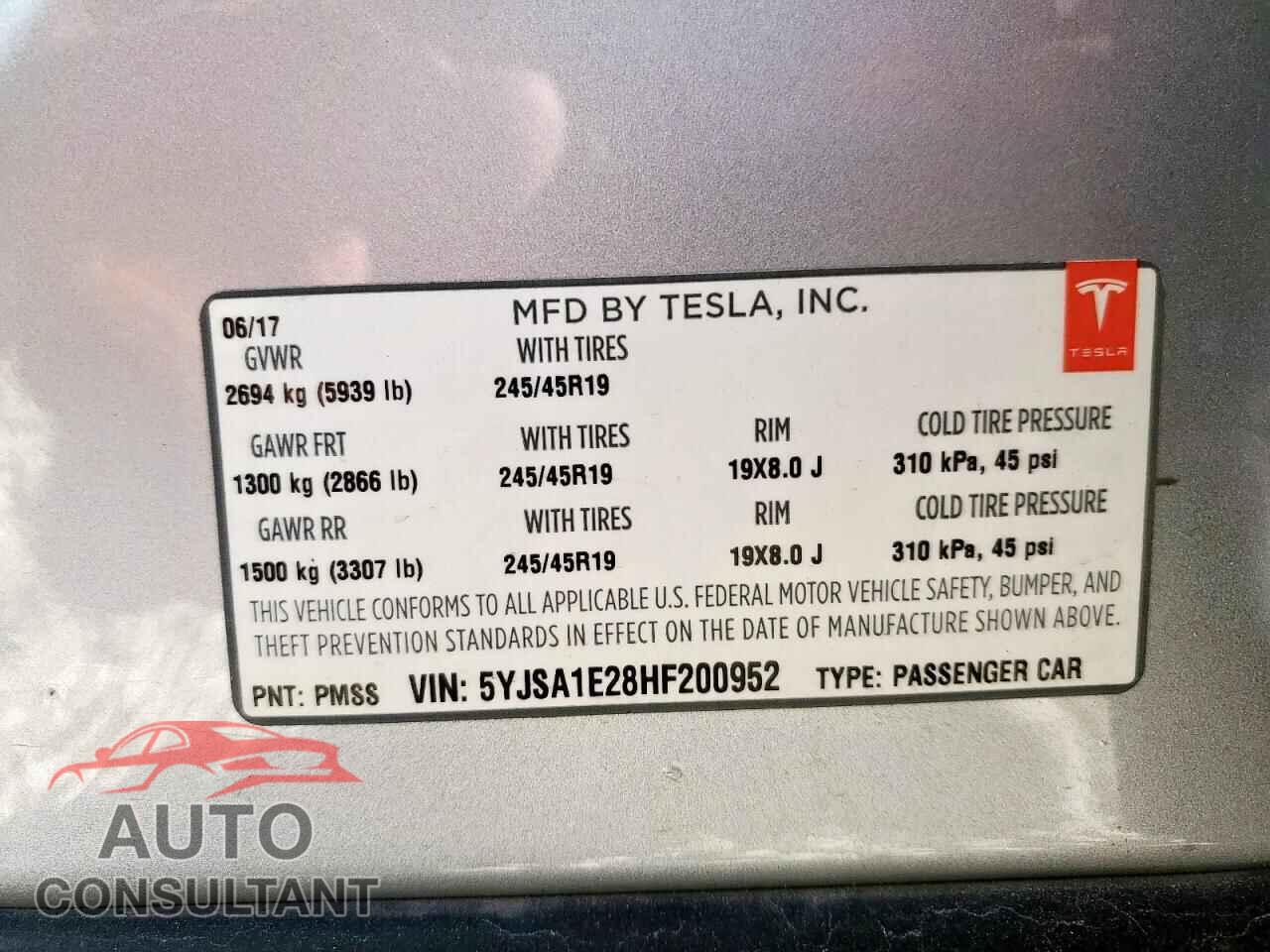 TESLA MODEL S 2017 - 5YJSA1E28HF200952