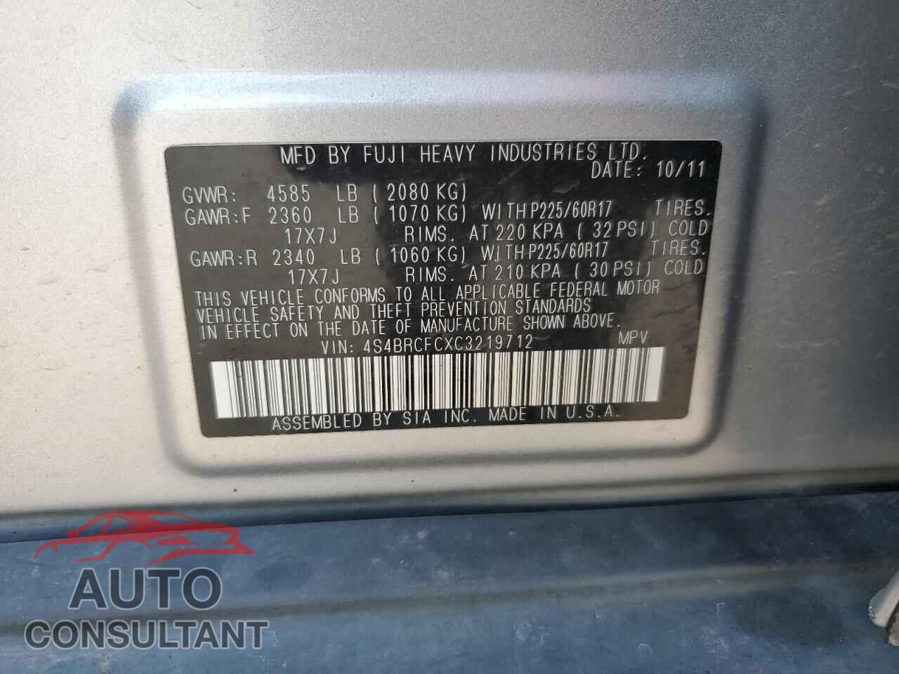 SUBARU OUTBACK 2012 - 4S4BRCFCXC3219712