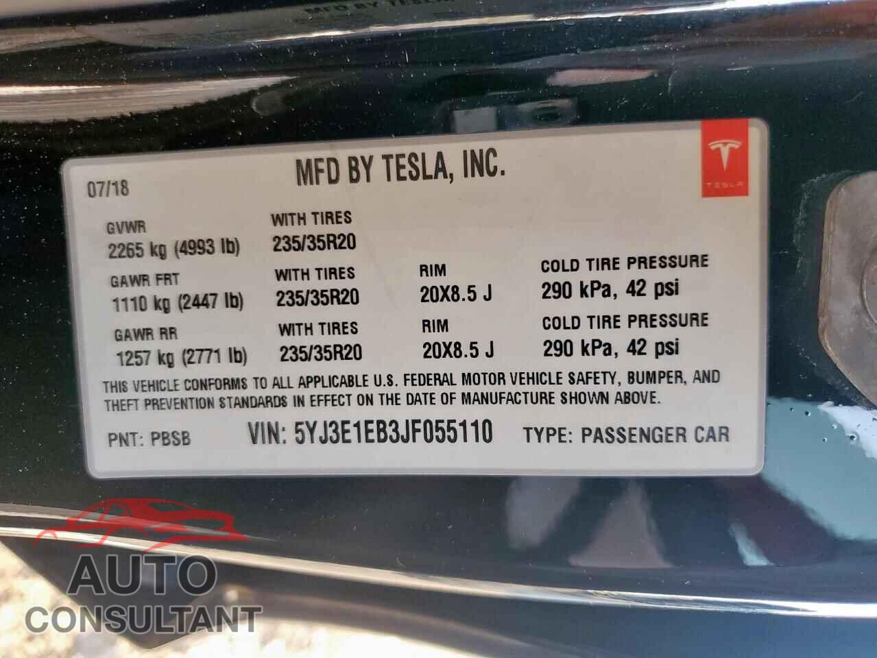 TESLA MODEL 3 2018 - 5YJ3E1EB3JF055110