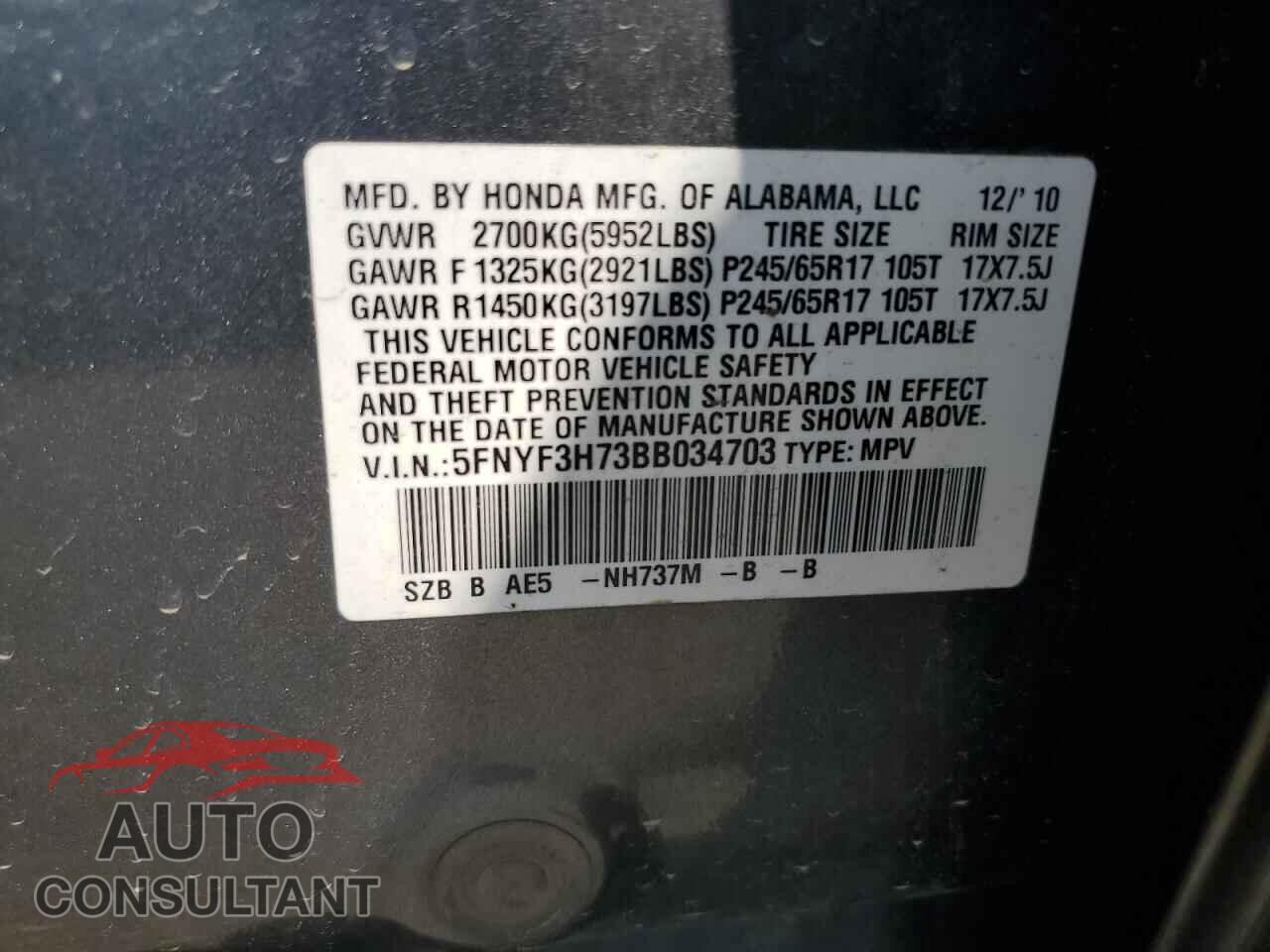 HONDA PILOT 2011 - 5FNYF3H73BB034703