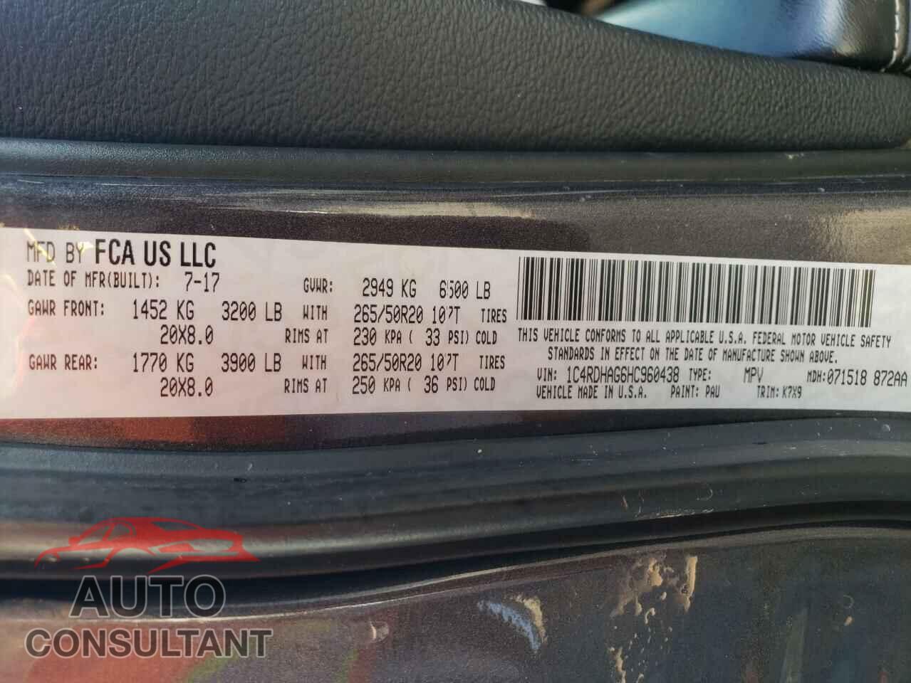 DODGE DURANGO 2017 - 1C4RDHAG6HC960438