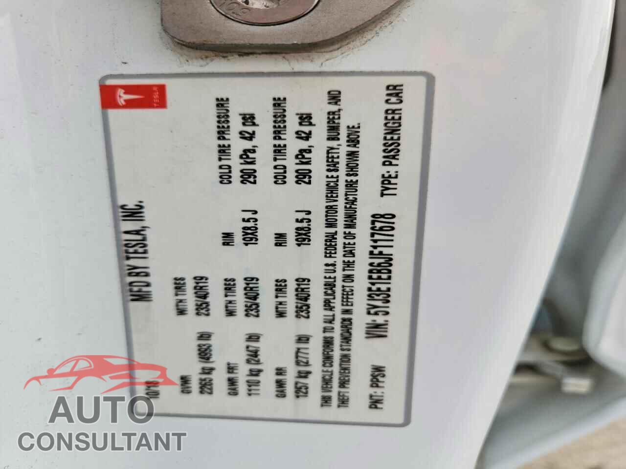 TESLA MODEL 3 2018 - 5YJ3E1EB6JF117678