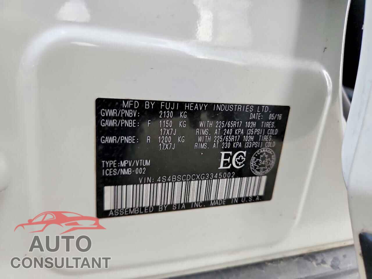 SUBARU OUTBACK 2016 - 4S4BSCDCXG3345002
