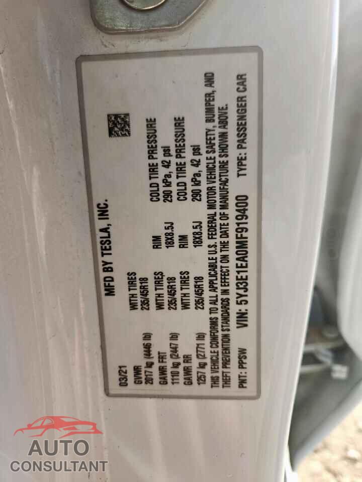 TESLA MODEL 3 2021 - 5YJ3E1EA0MF919400