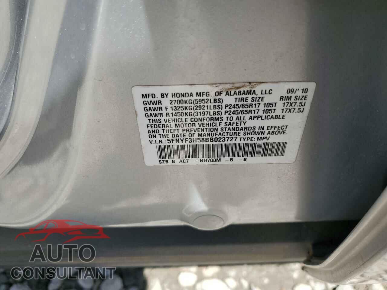 HONDA PILOT 2011 - 5FNYF3H58BB023727