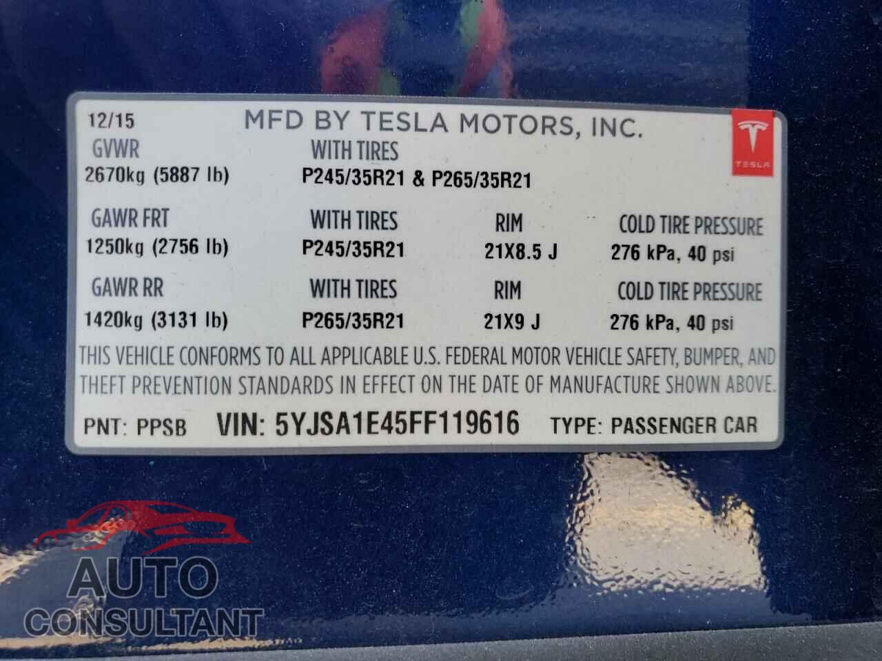 TESLA MODEL S 2015 - 5YJSA1E45FF119616