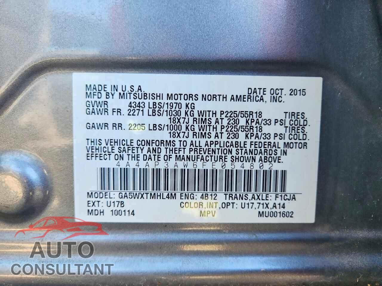 MITSUBISHI OUTLANDER 2015 - 4A4AP3AW6FE054802