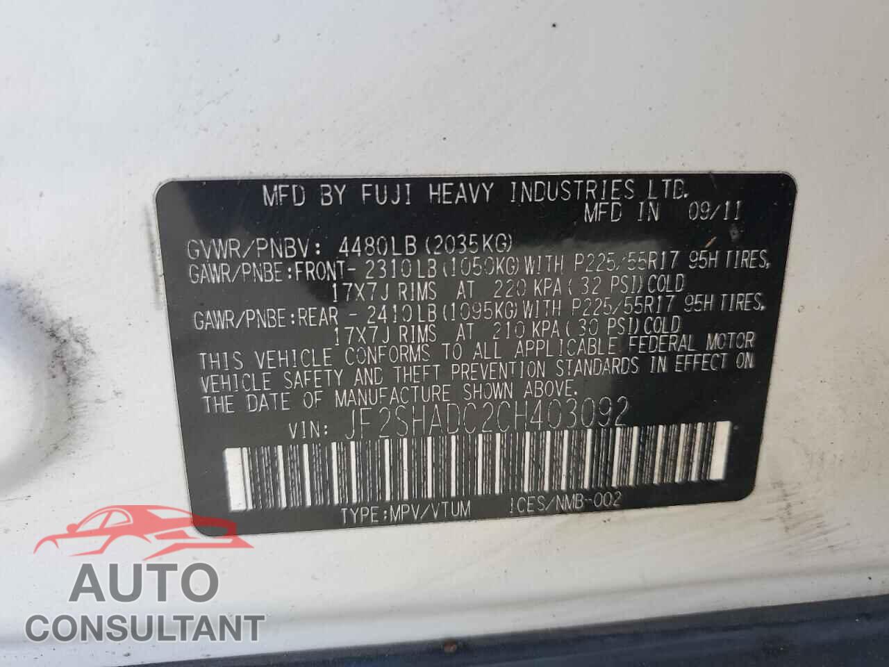 SUBARU FORESTER 2012 - JF2SHADC2CH403092