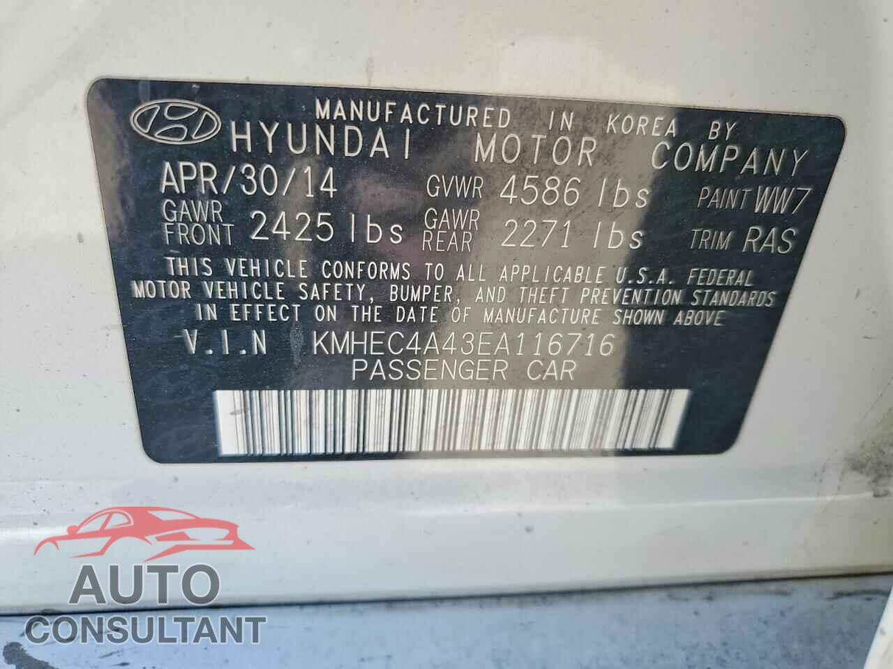 HYUNDAI SONATA 2014 - KMHEC4A43EA116716