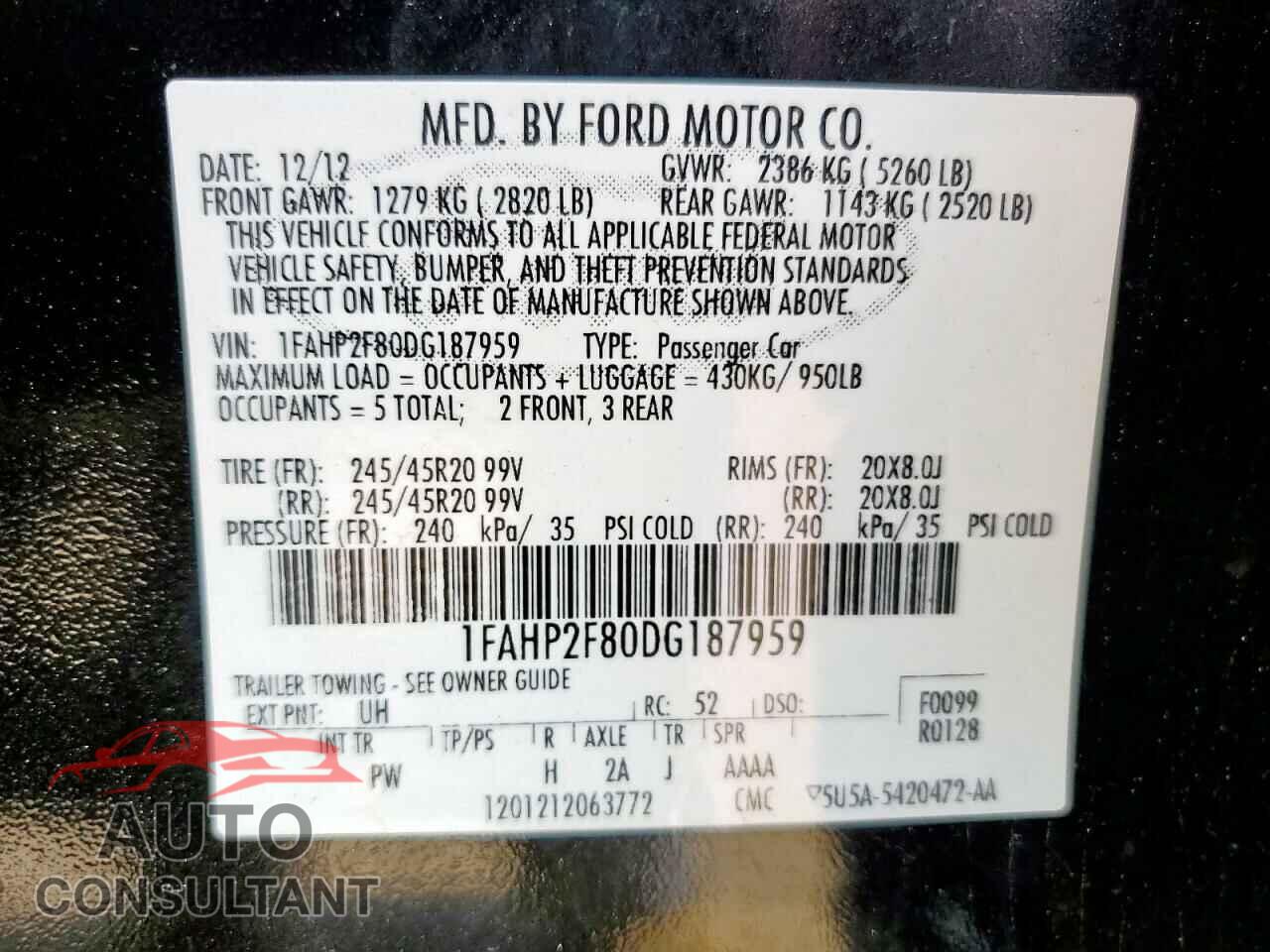FORD TAURUS 2013 - 1FAHP2F80DG187959