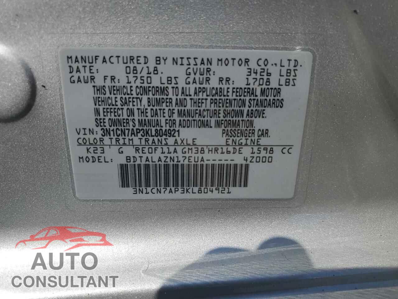 NISSAN VERSA 2019 - 3N1CN7AP3KL804921