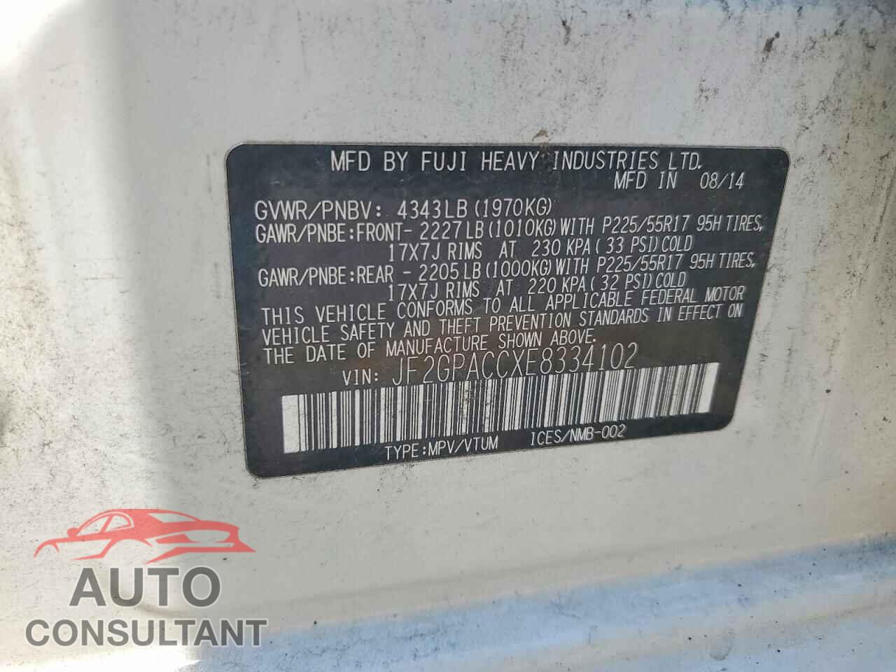SUBARU XV 2014 - JF2GPACCXE8334102