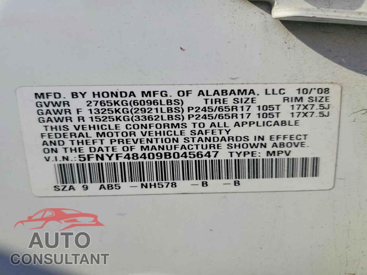 HONDA PILOT 2009 - 5FNYF48409B045647