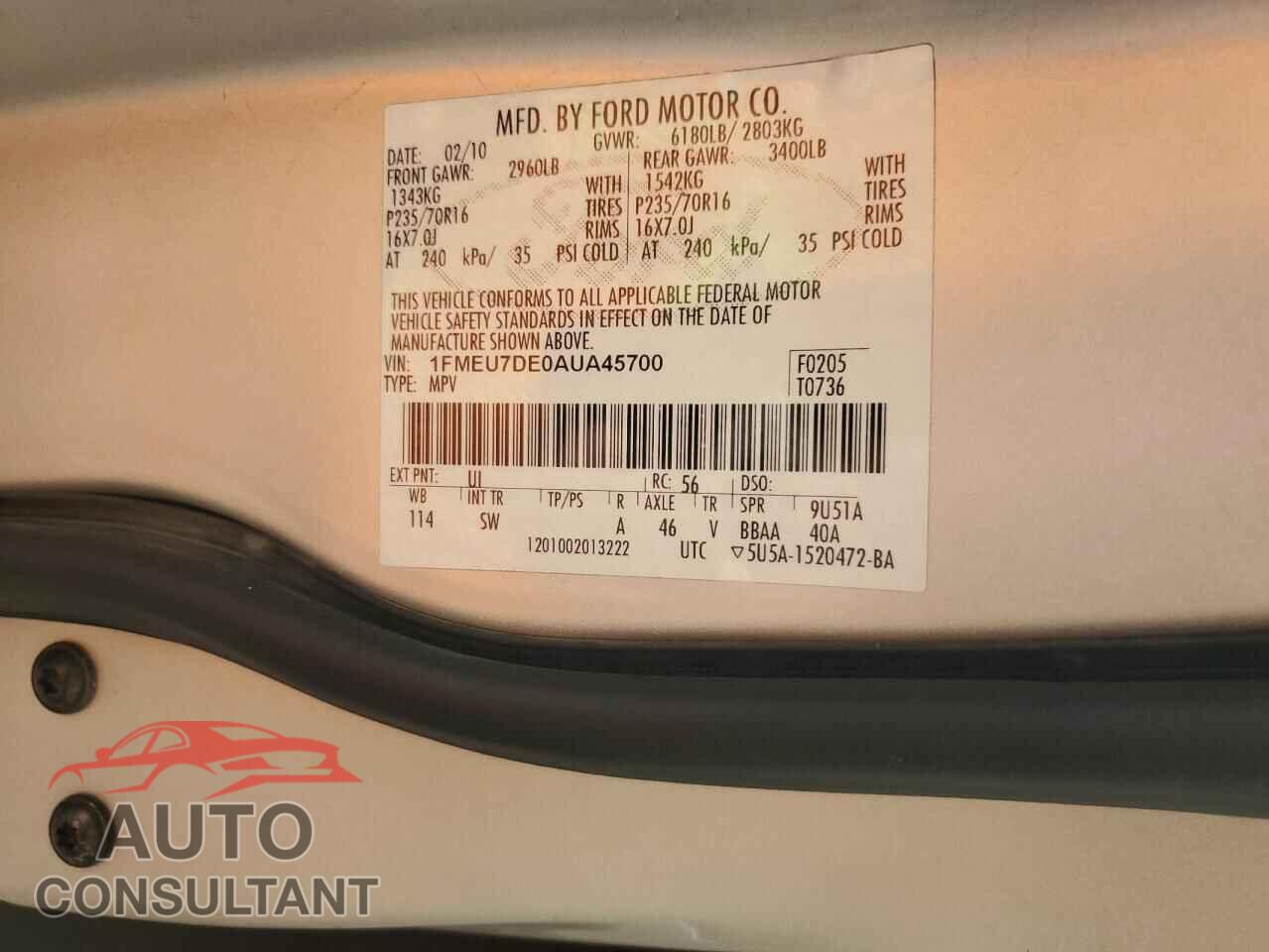 FORD EXPLORER 2010 - 1FMEU7DE0AUA45700