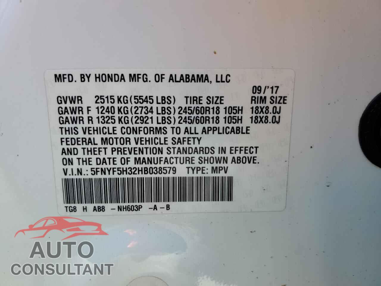HONDA PILOT 2017 - 5FNYF5H32HB038579