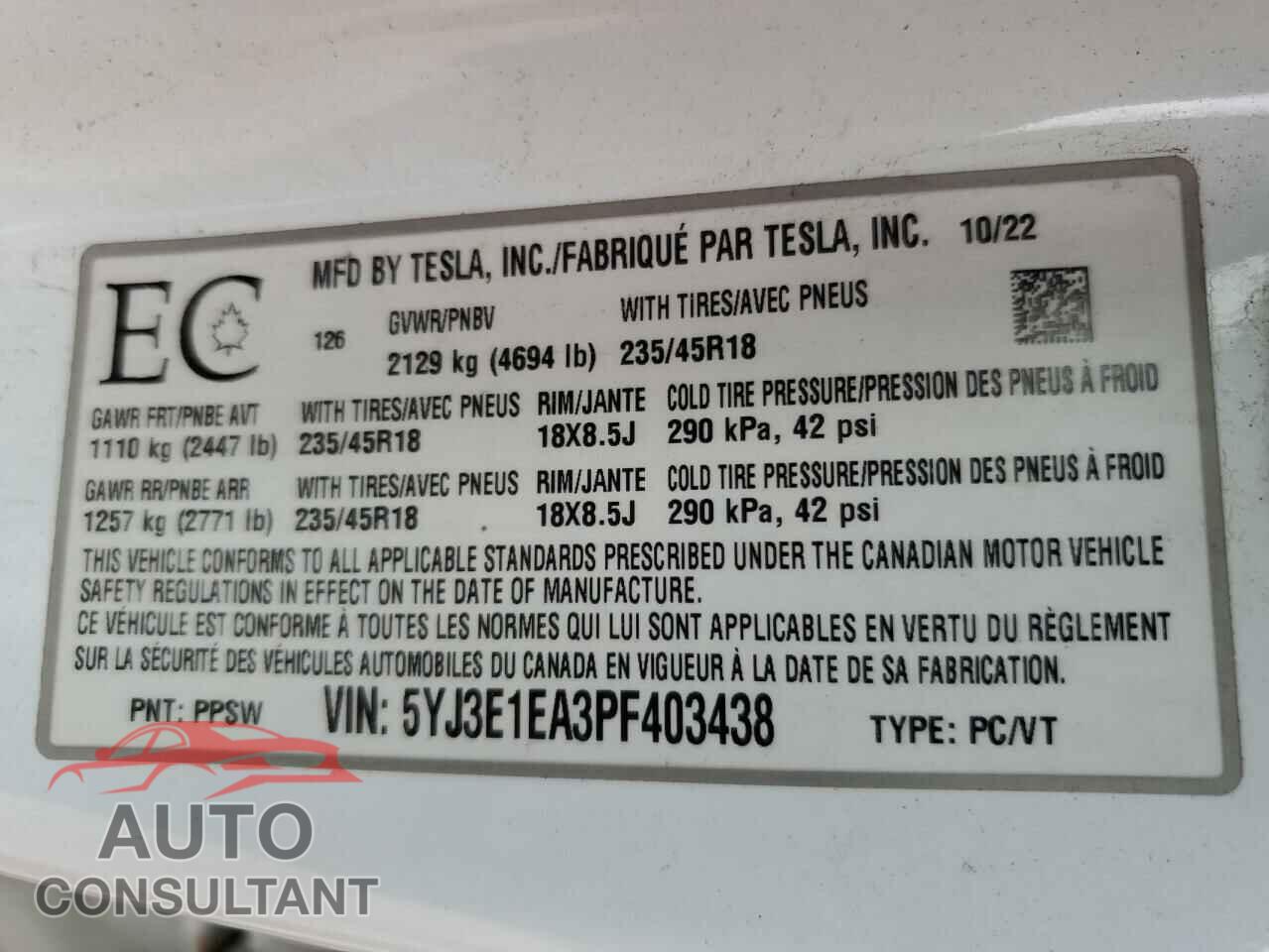 TESLA MODEL 3 2023 - 5YJ3E1EA3PF403438