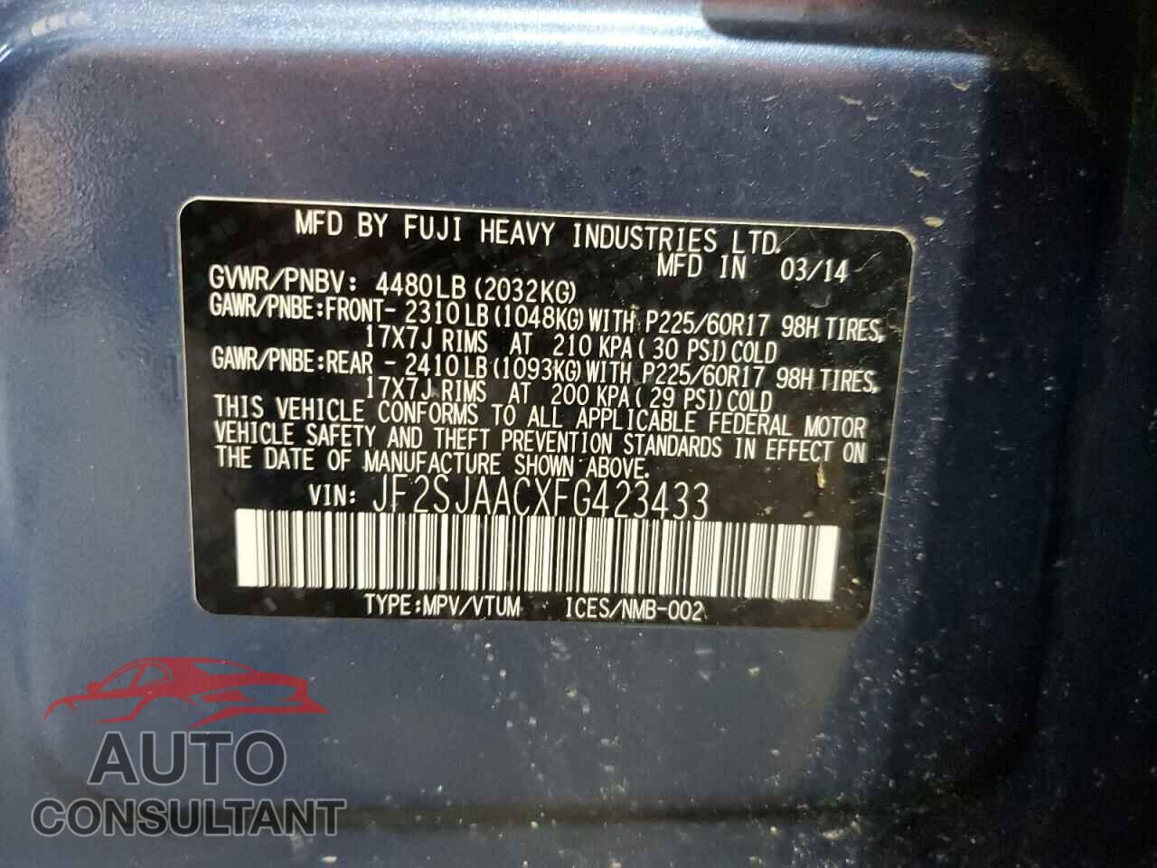 SUBARU FORESTER 2015 - JF2SJAACXFG423433