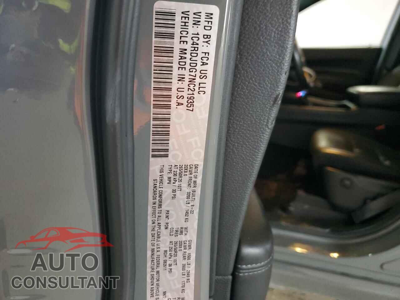 DODGE DURANGO 2022 - 1C4RDJDG7NC219357