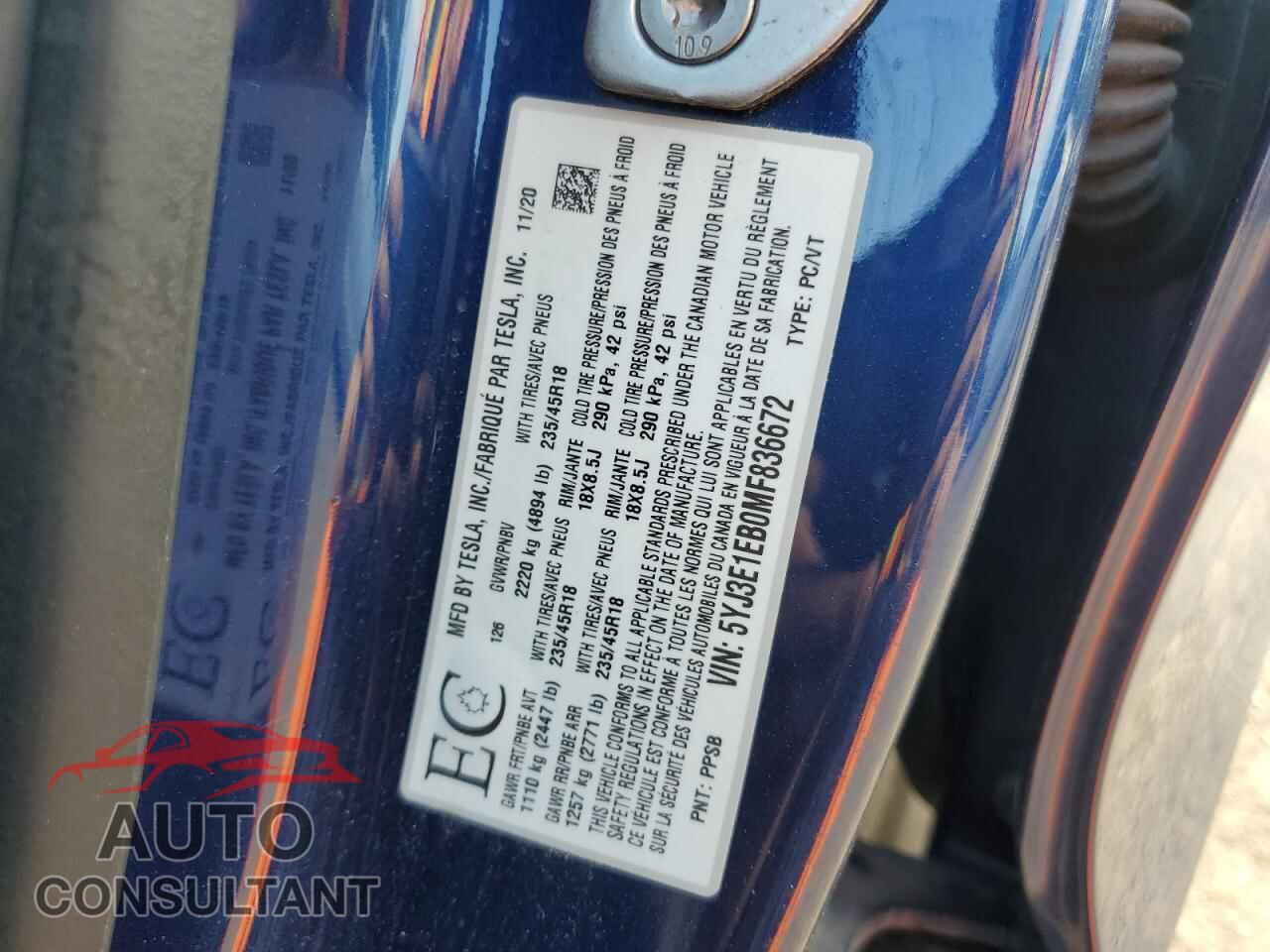 TESLA MODEL 3 2021 - 5YJ3E1EB0MF836672