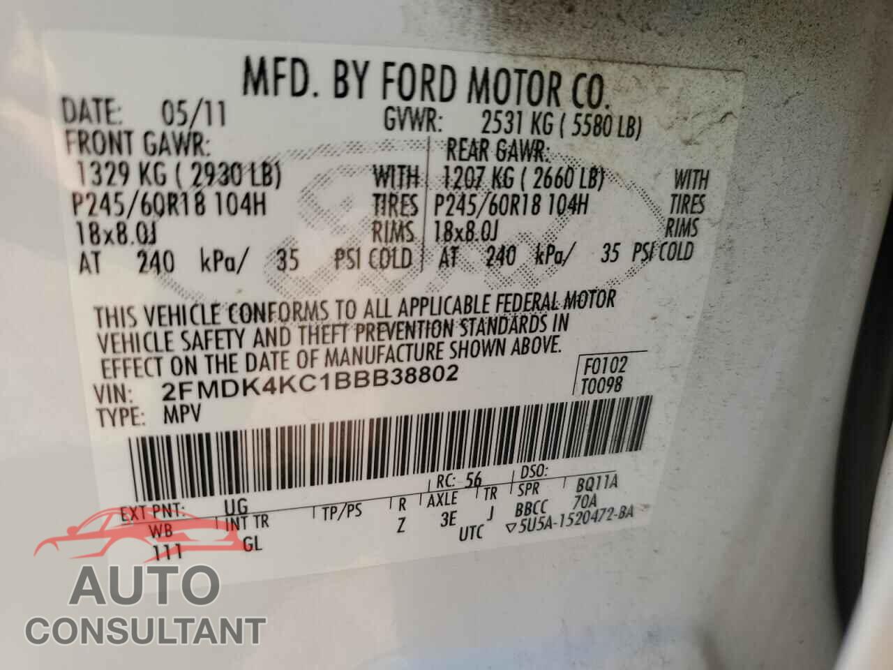 FORD EDGE 2011 - 2FMDK4KC1BBB38802