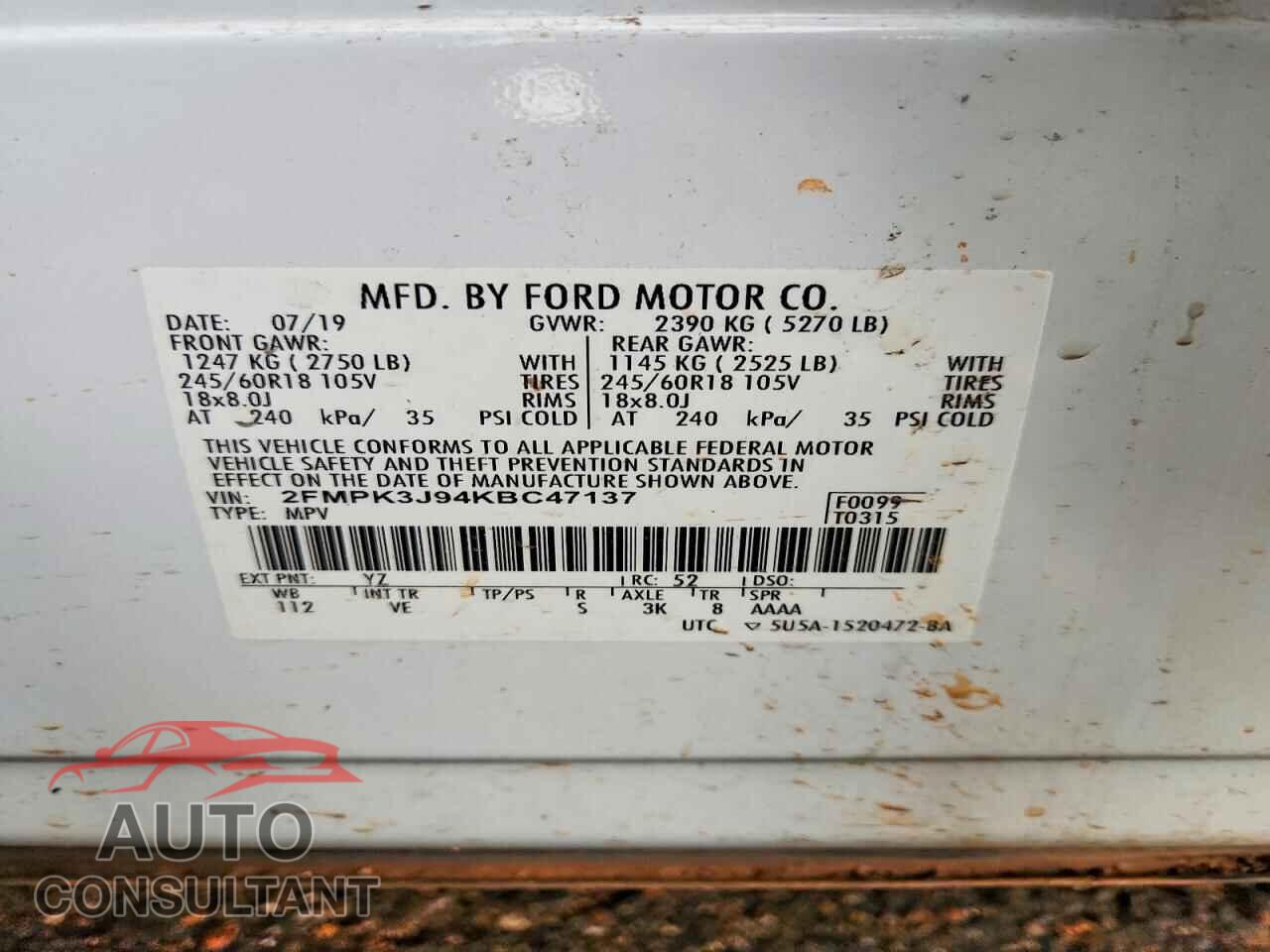 FORD EDGE 2019 - 2FMPK3J94KBC47137