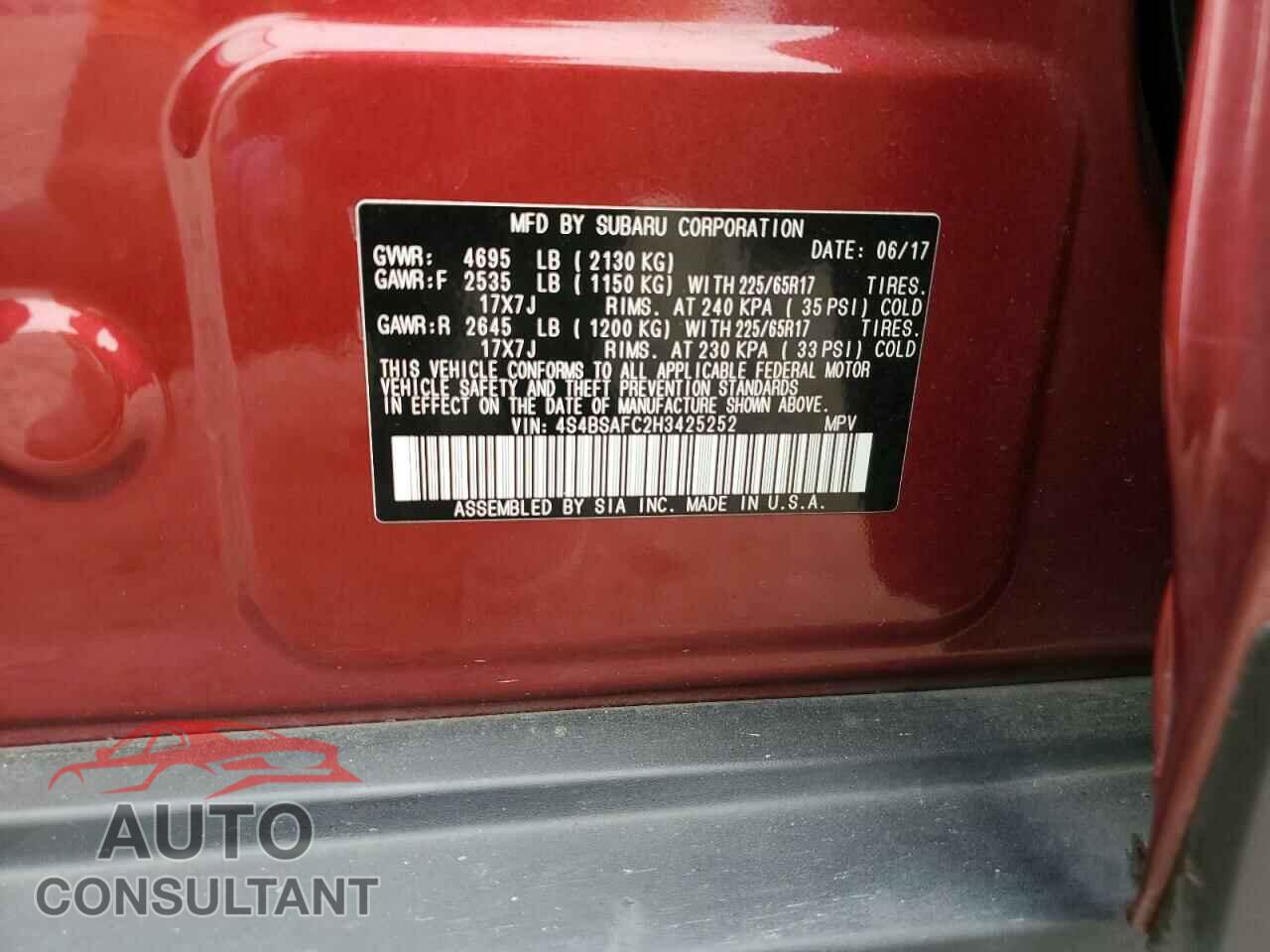 SUBARU OUTBACK 2017 - 4S4BSAFC2H3425252