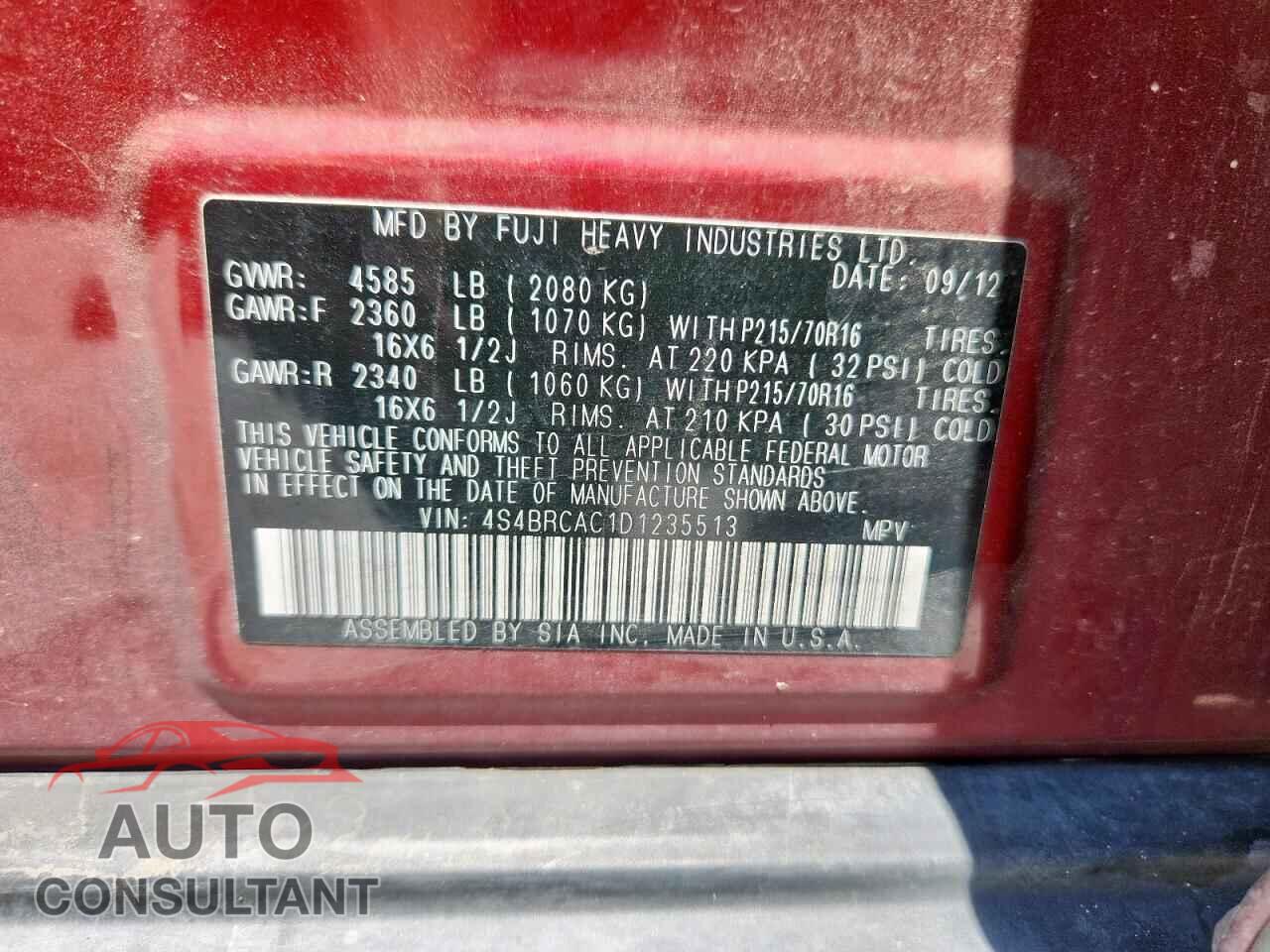 SUBARU OUTBACK 2013 - 4S4BRCAC1D1235513