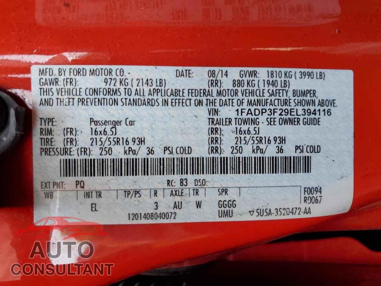 FORD FOCUS 2014 - 1FADP3F29EL394116