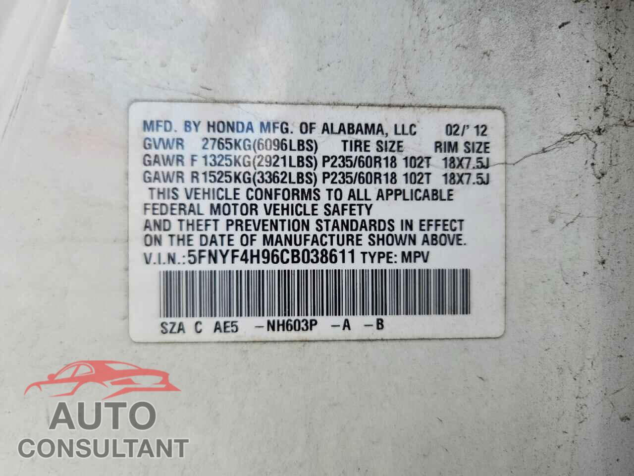 HONDA PILOT 2012 - 5FNYF4H96CB038611