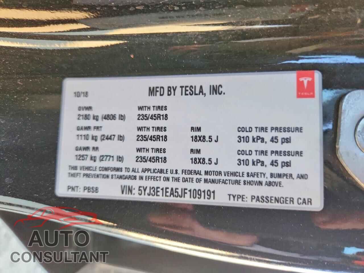 TESLA MODEL 3 2018 - 5YJ3E1EA5JF109191