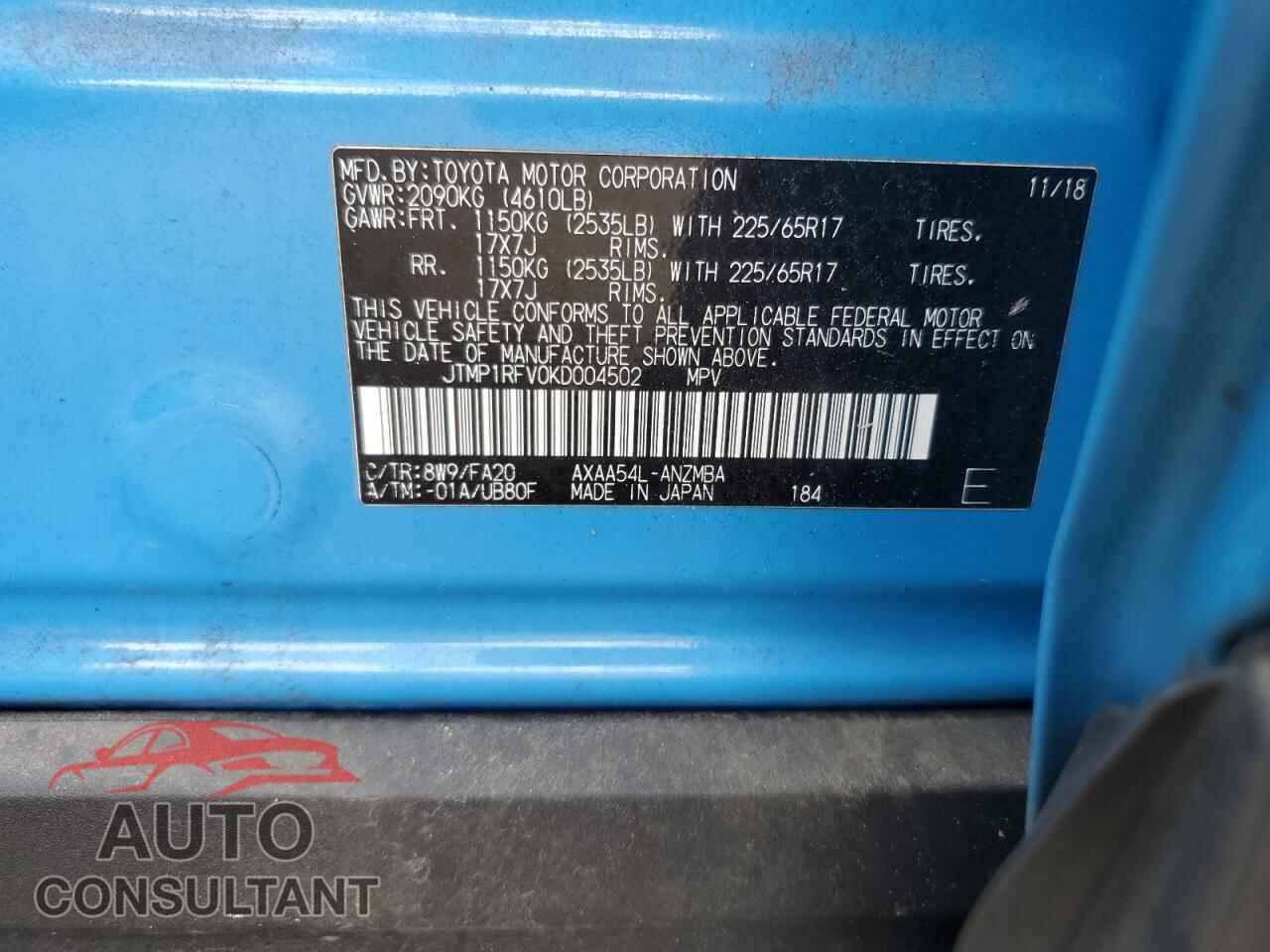 TOYOTA RAV4 2019 - JTMP1RFV0KD004502
