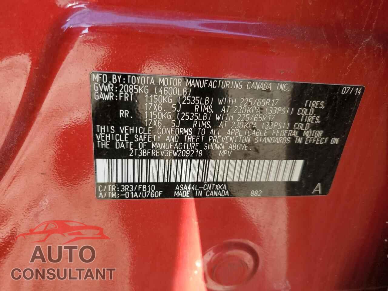 TOYOTA RAV4 2014 - 2T3BFREV3EW209218