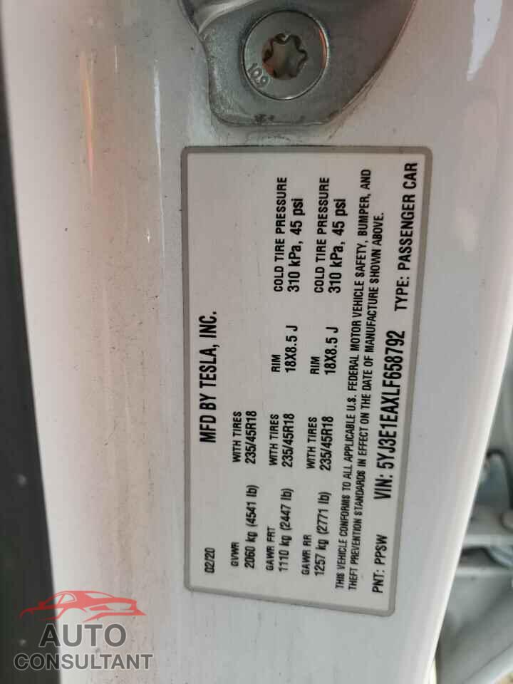 TESLA MODEL 3 2020 - 5YJ3E1EAXLF658792