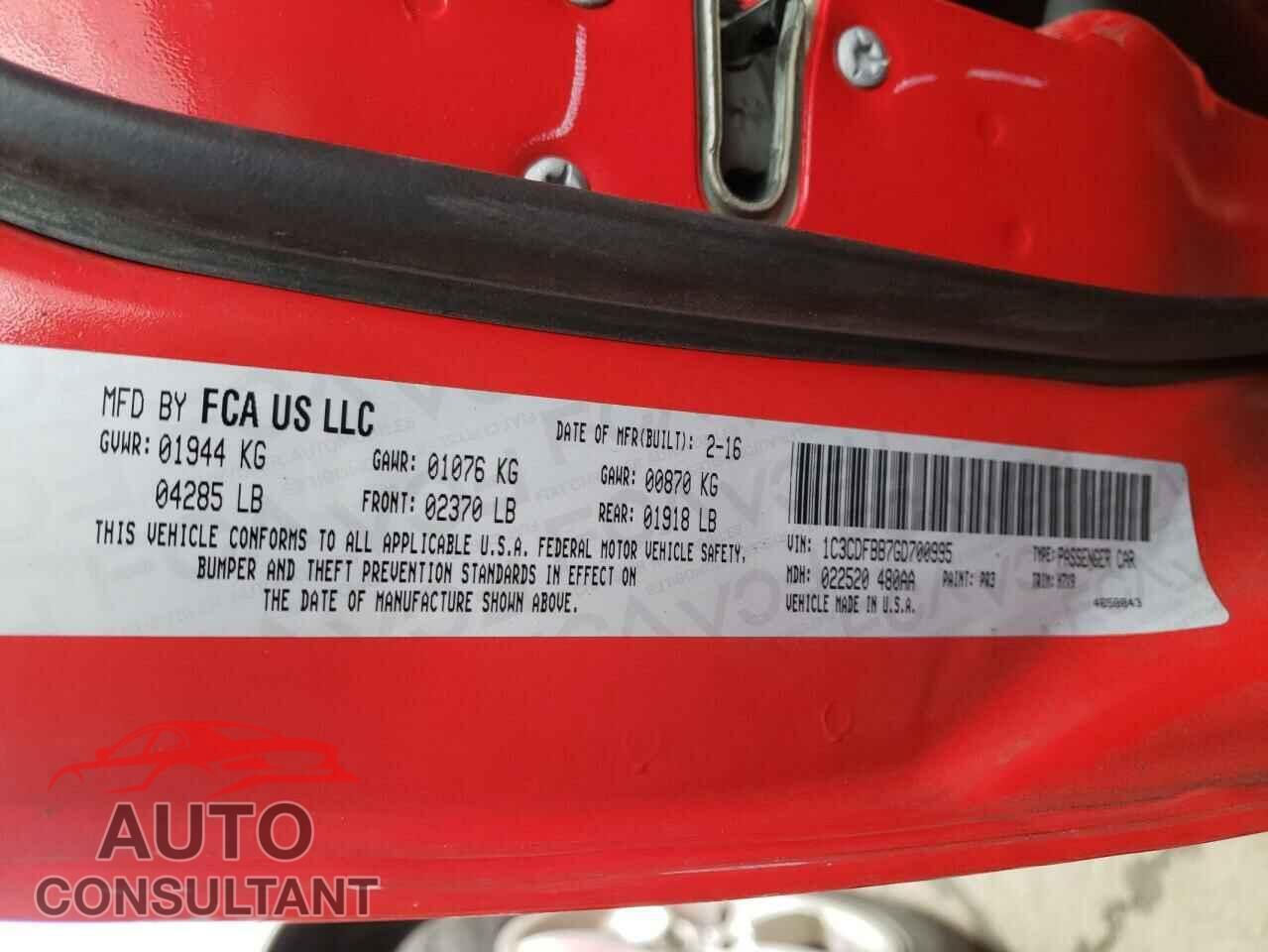 DODGE DART 2016 - 1C3CDFBB7GD700995