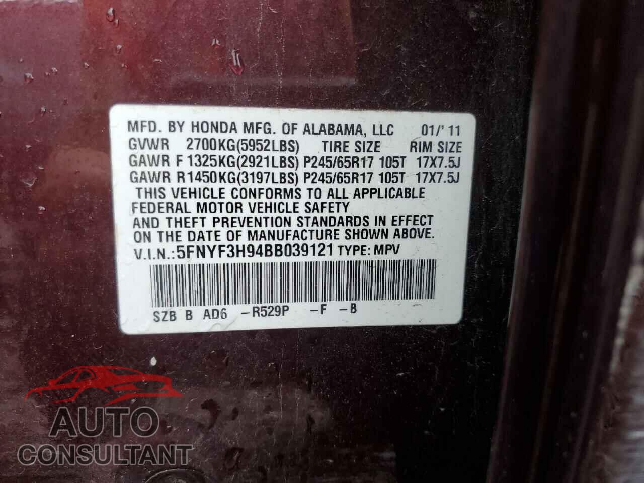HONDA PILOT 2011 - 5FNYF3H94BB039121