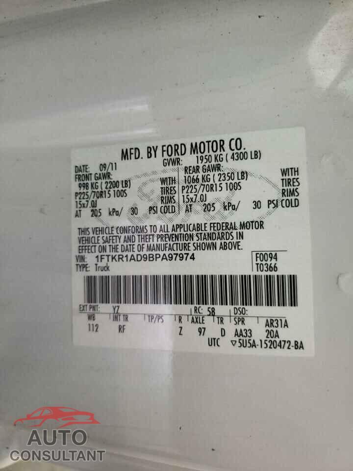 FORD RANGER 2011 - 1FTKR1AD9BPA97974