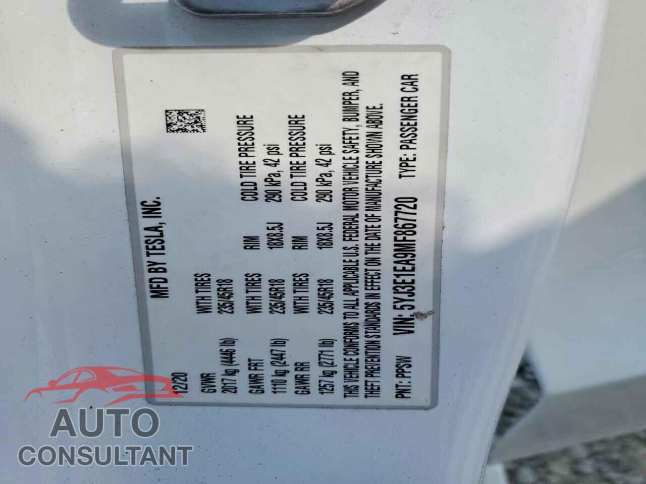 TESLA MODEL 3 2021 - 5YJ3E1EA9MF867720