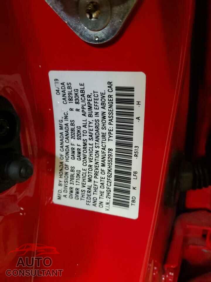 HONDA CIVIC 2019 - 2HGFC2F62KH552978