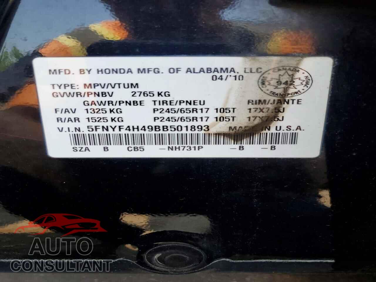HONDA PILOT 2011 - 5FNYF4H49BB501893