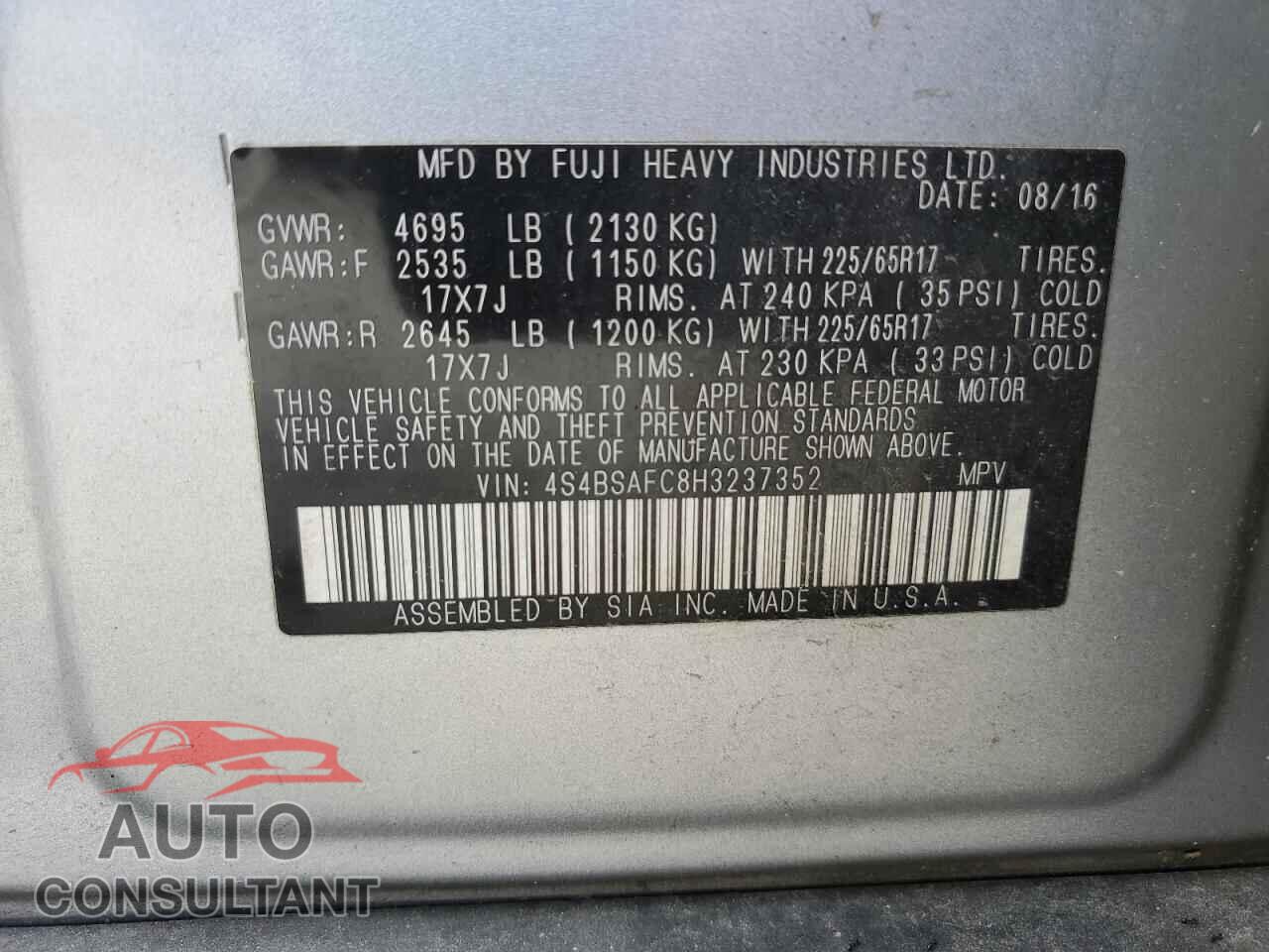 SUBARU OUTBACK 2017 - 4S4BSAFC8H3237352