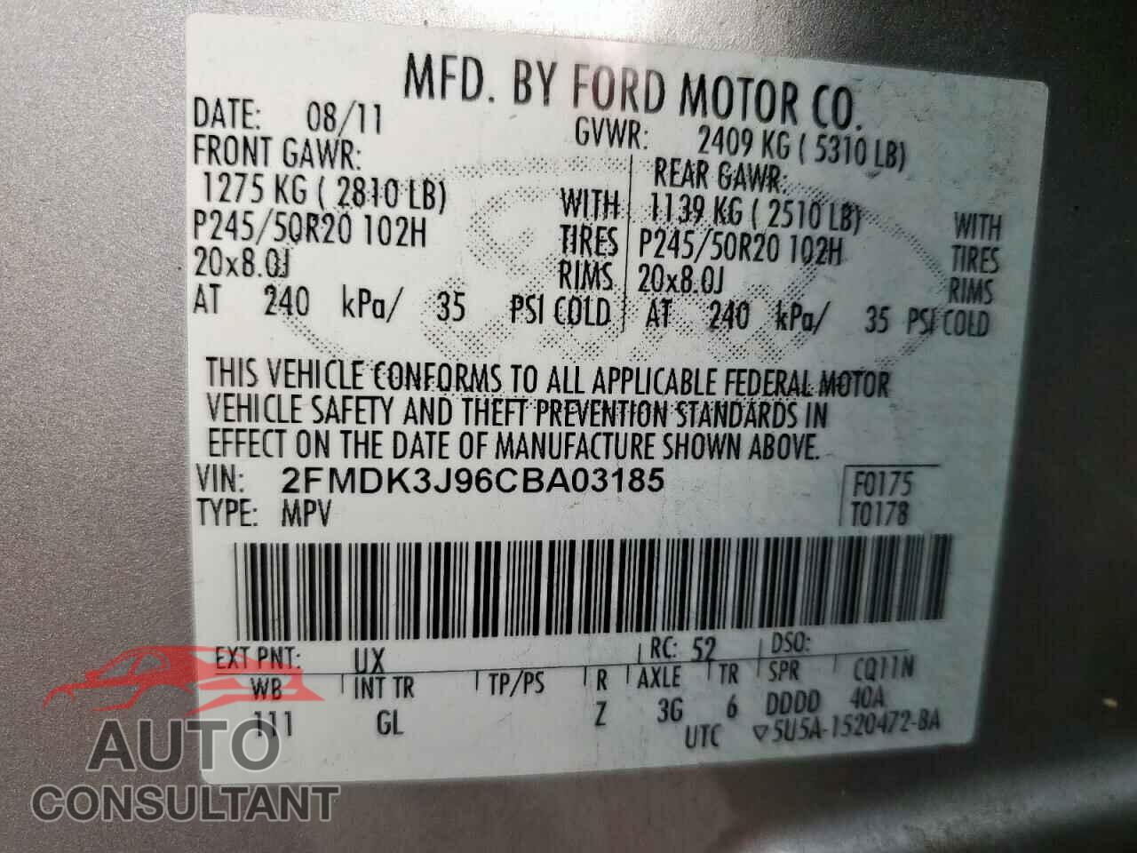 FORD EDGE 2012 - 2FMDK3J96CBA03185