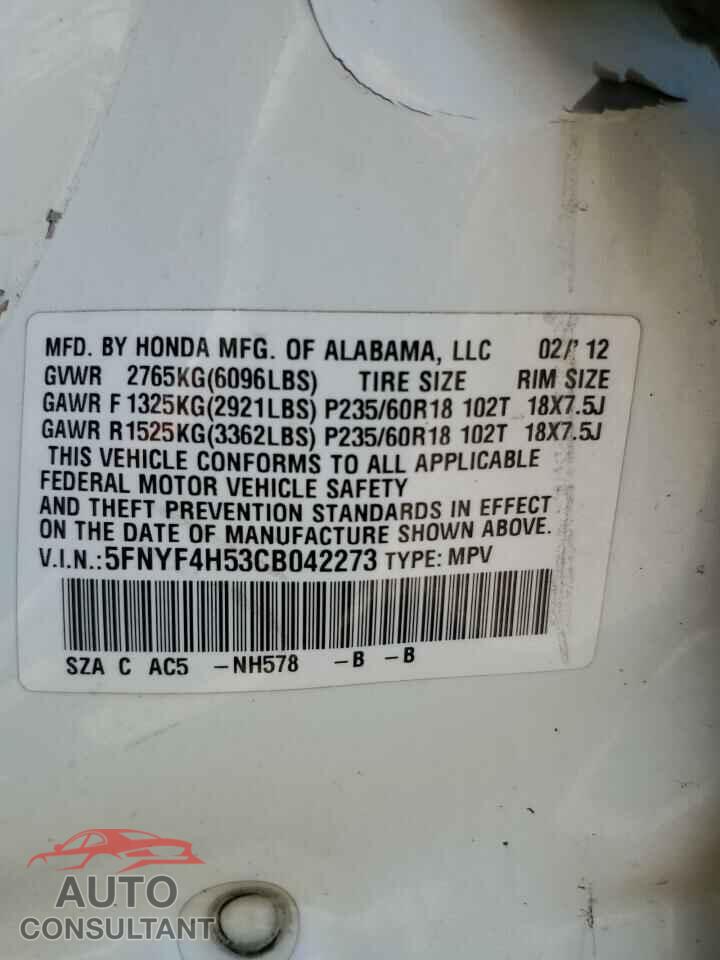 HONDA PILOT 2012 - 5FNYF4H53CB042273